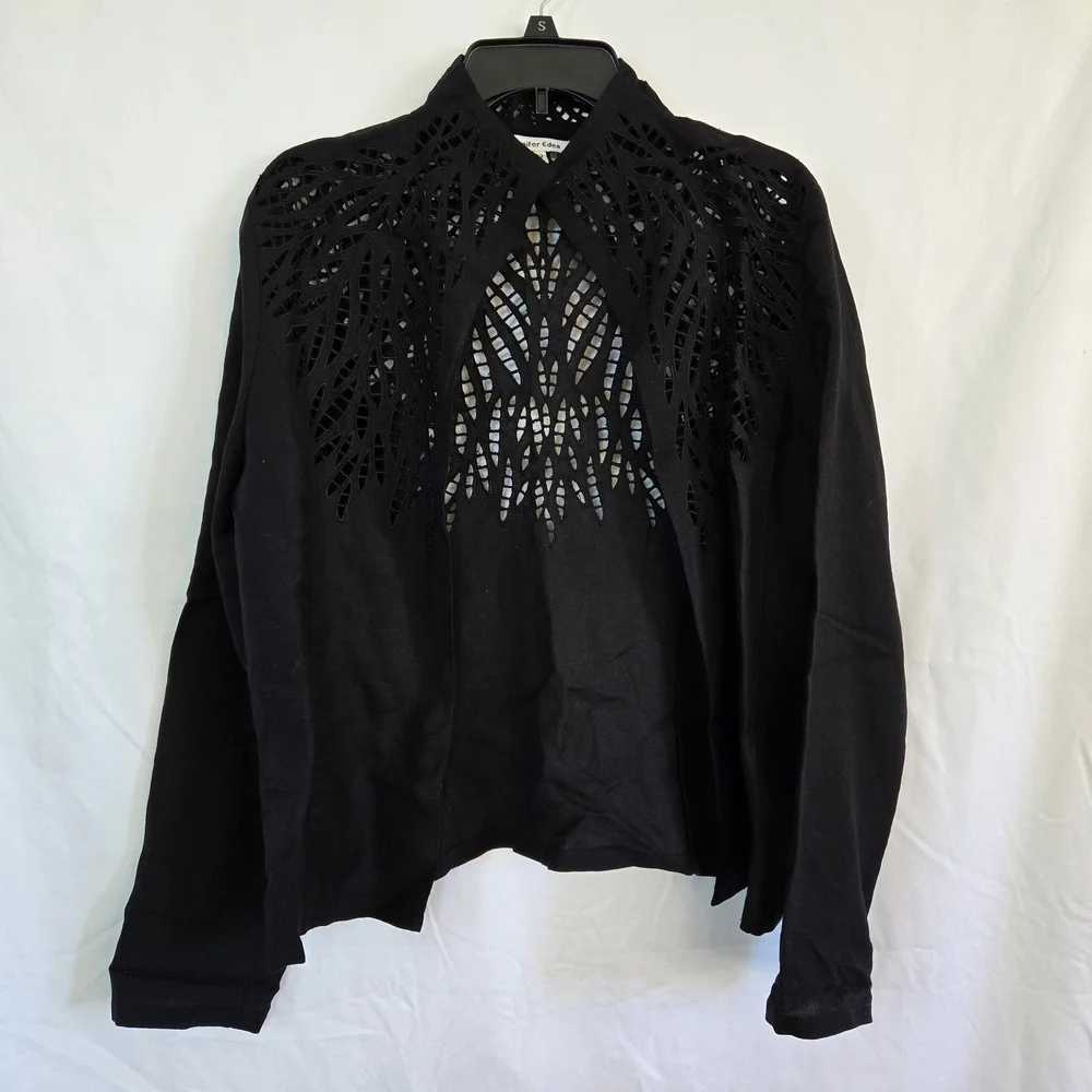 Jennifer Eden Black Embroidered Linen Long Sleeve High Neck Open Front Jacket 12